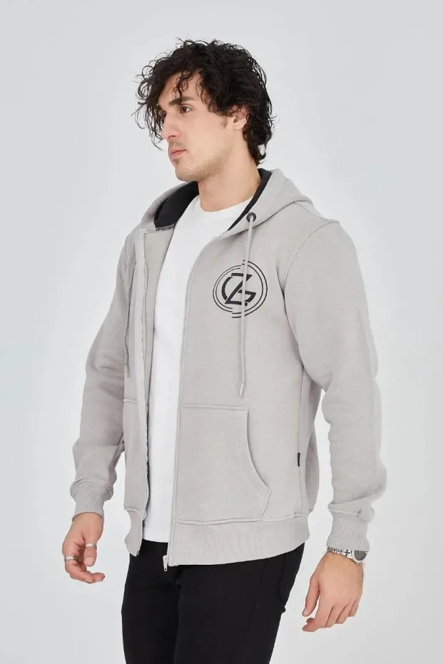 Erkek Boyalı Gri 3 İplik Pamuklu Fermuarlı Kapüşonlu Baskılı Hoodie 3