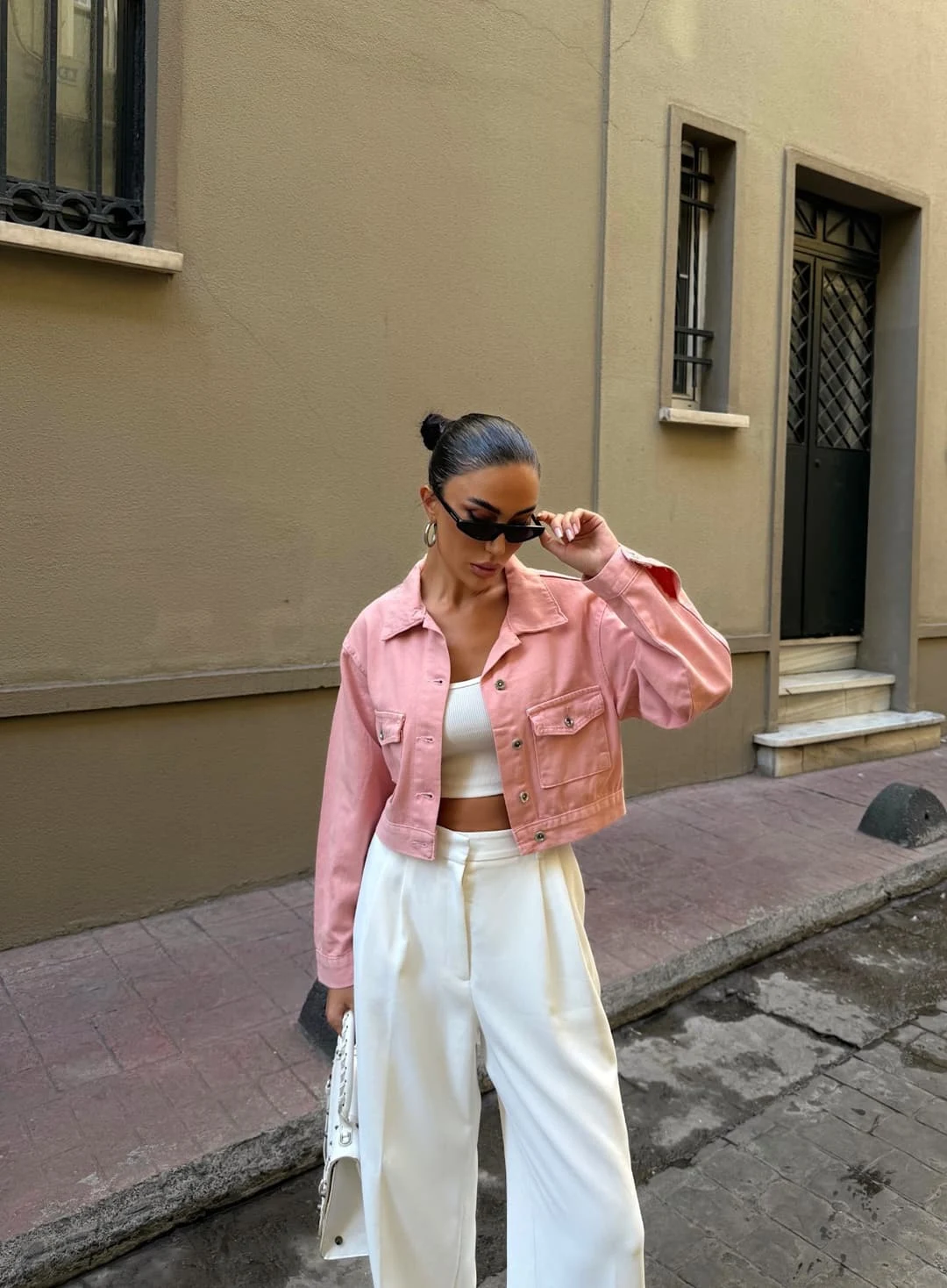 Çift Cep Denim Crop Ceket Pudra