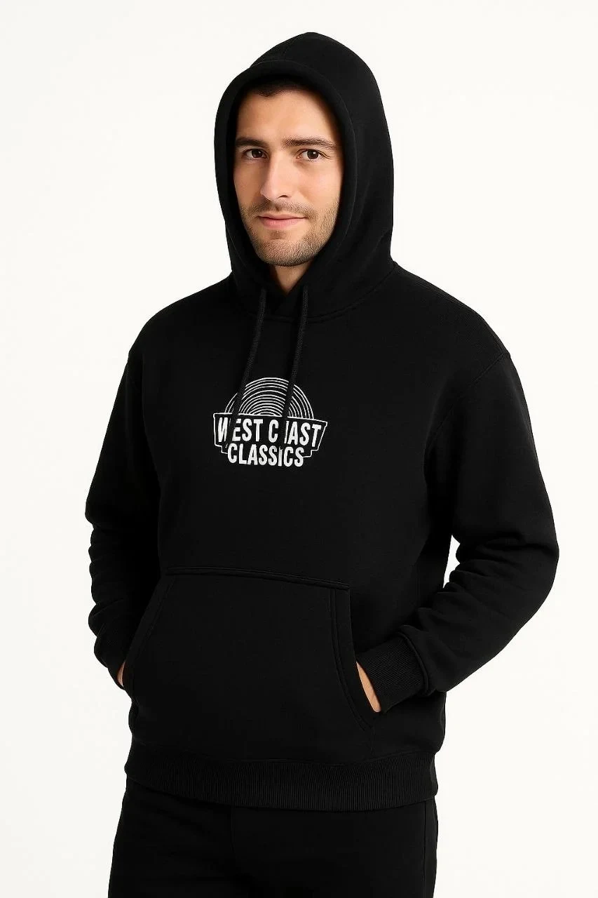 Men's Black 3-Thread Cotton Printed Kangaroo Pocket Hoodie