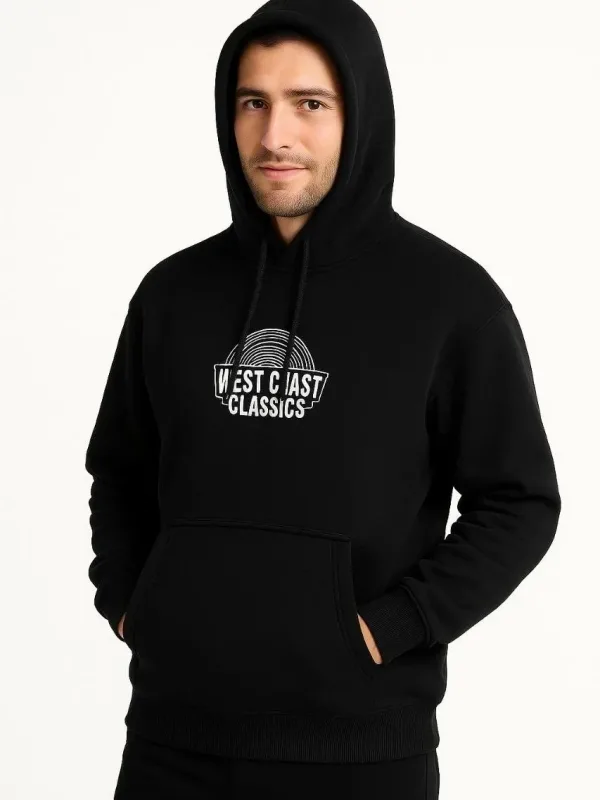 Men's Black 3-Thread Cotton Printed Kangaroo Pocket Hoodie 1