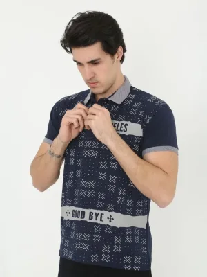 Men's Navy Slim Fit Polo Neck Printed Short Sleeve T-Shirt