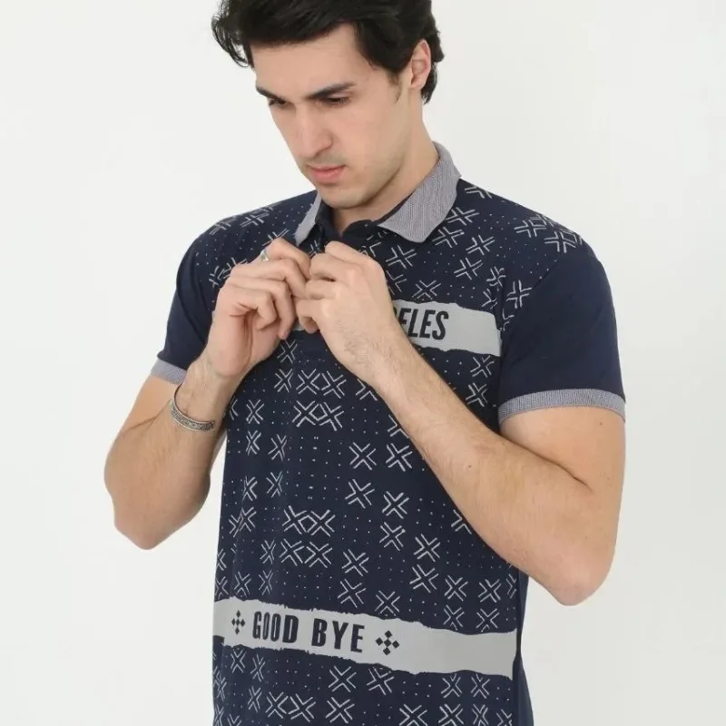 Tîşorta Mêr Lacivert Slim Fit Bi Stûyê Polo Çapkirî Milên Kînd