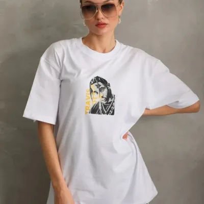 Γυναικείο Λευκό Oversize Στρογγυλό Λαιμό Τυπωμένο T-Shirt 2