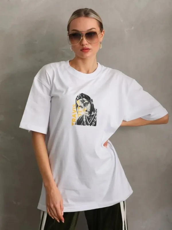 Γυναικείο Λευκό Oversize Στρογγυλό Λαιμό Τυπωμένο T-Shirt 2