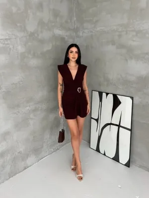 Qadın Qəhvəyi Kruvaze Drapeli Tokalı Mini Abiye Don