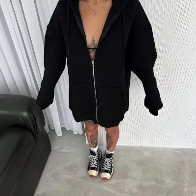 Femea Neagră Fermoar Complet Capușon Buzunare Bumbac Cardigan 1