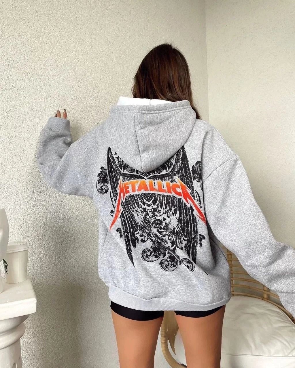 Kadın Gri 2 İplik Metallic Baskılı Kapüşonlu Sweatshirt