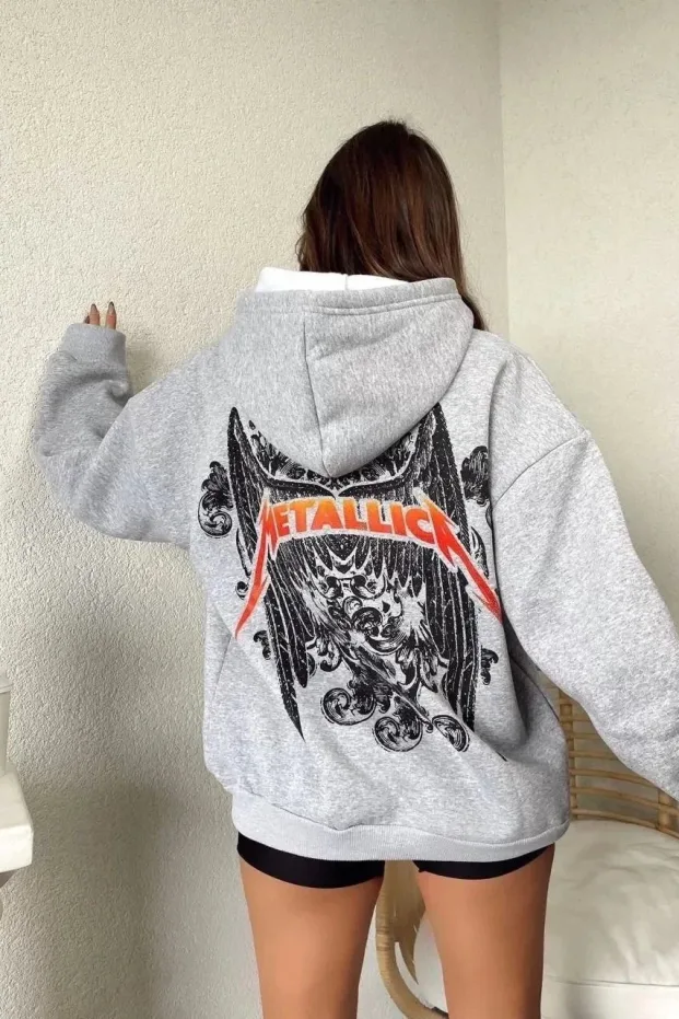 Kadın Gri 2 İplik Metallic Baskılı Kapüşonlu Sweatshirt 1