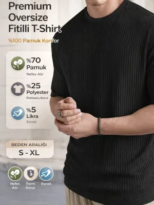 T-Shirtê Bisîklet Yaka yê Reş ê Oversize yê Pembû yê Fireh