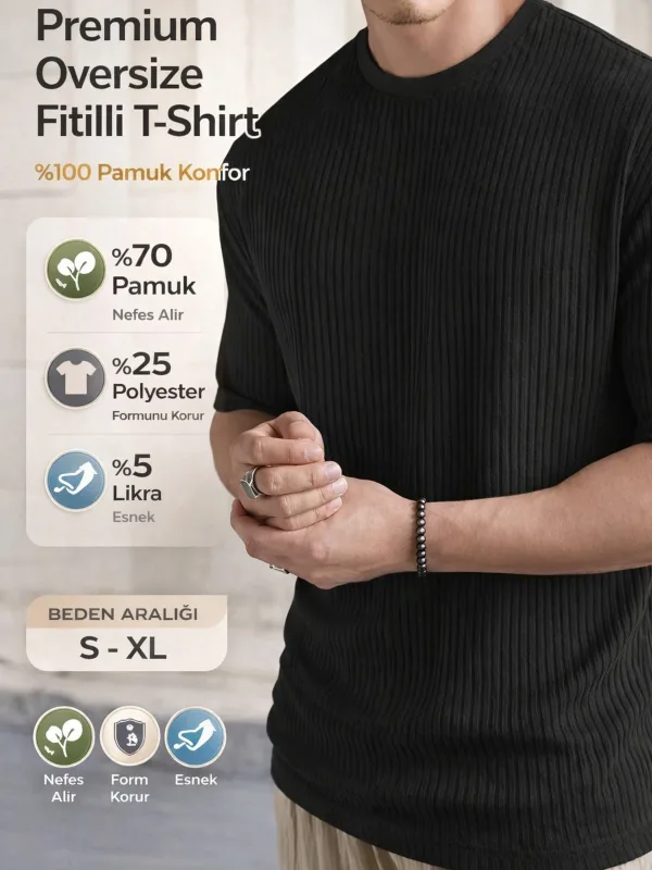 Bluzë e zezë oversize, me brinjë, pambuk, e lirshme, jakë rrethi, T-shirt