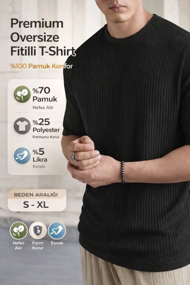 Siyah Oversize Fitilli Pamuk Bol Kesim Bisiklet Yaka T-Shirt 1