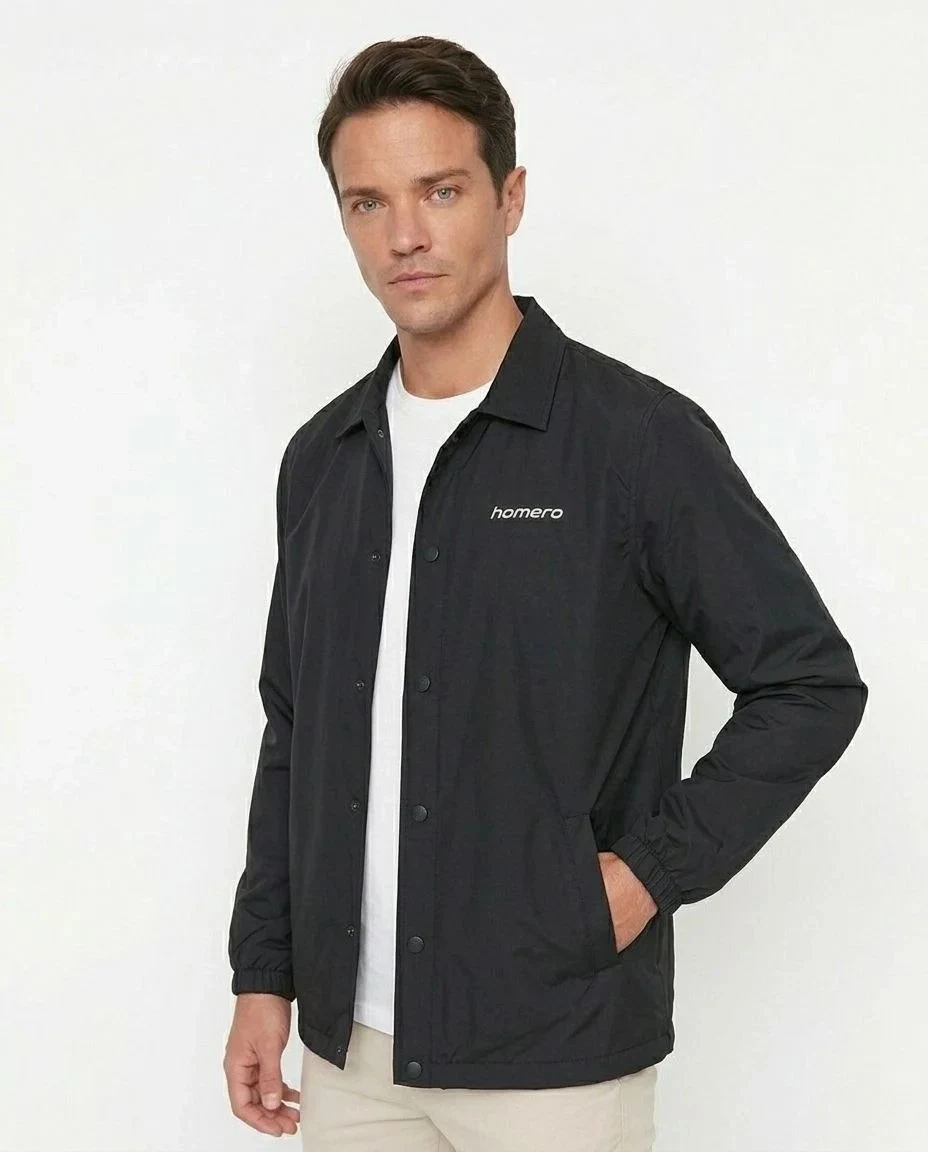Men's Black Waterproof Lined Snap Button Seasonal Jacket