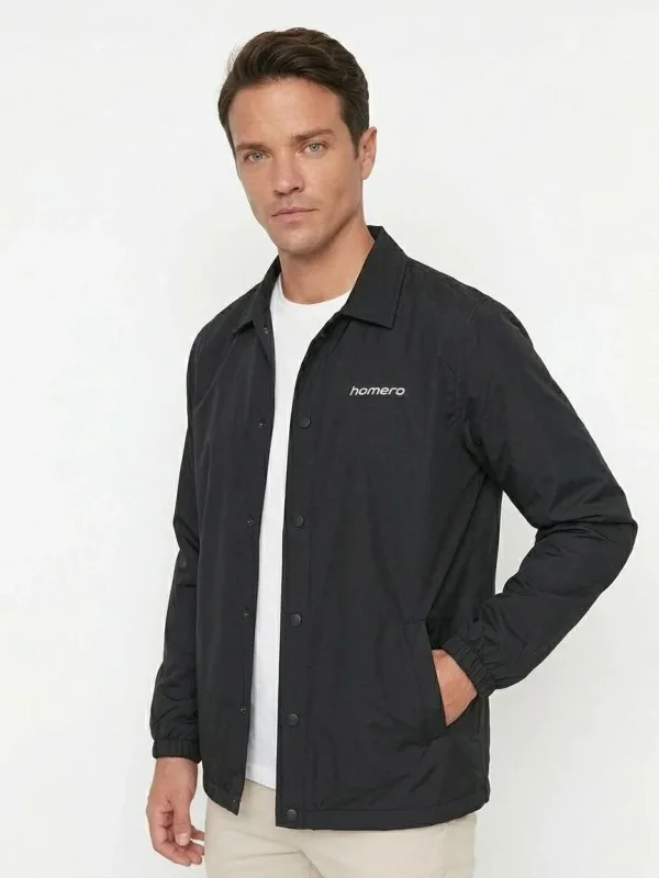 Men's Black Waterproof Lined Snap Button Seasonal Jacket