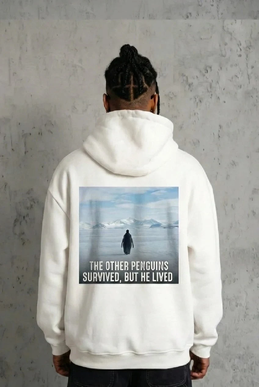 Sweatshirtê Mêran ê Spî, 3 Têl Pembû, Bi Kapşon, Bi Çapê Penguin
