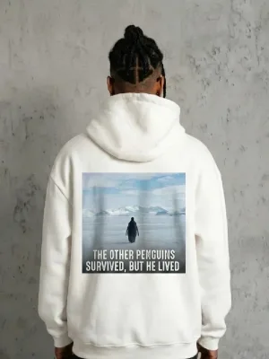 Sweatshirtê Mêran ê Spî, 3 Têl Pembû, Bi Kapşon, Bi Çapê Penguin