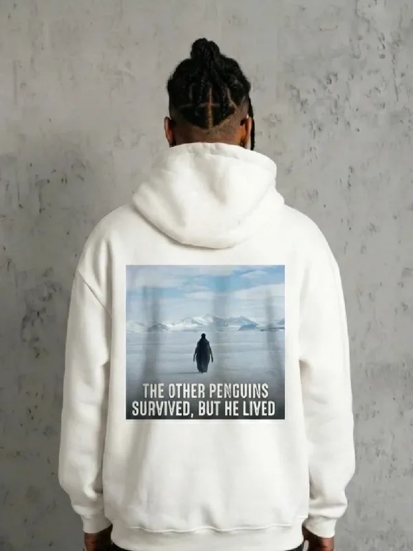 Sweatshirtê Mêran ê Spî, 3 Têl Pembû, Bi Kapşon, Bi Çapê Penguin 1