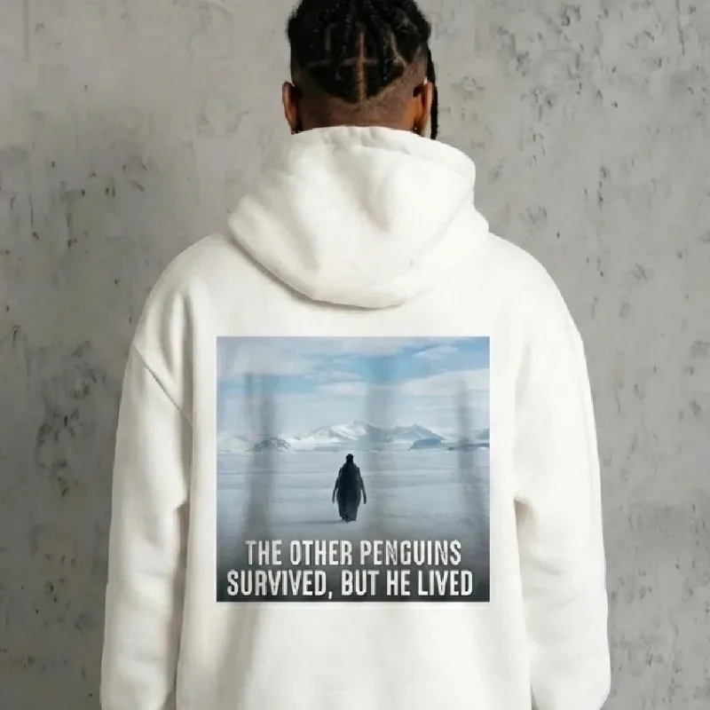 Pánský bílý bavlněný sweatshirt s kapucí a potiskem tučňáka, 3 nitě