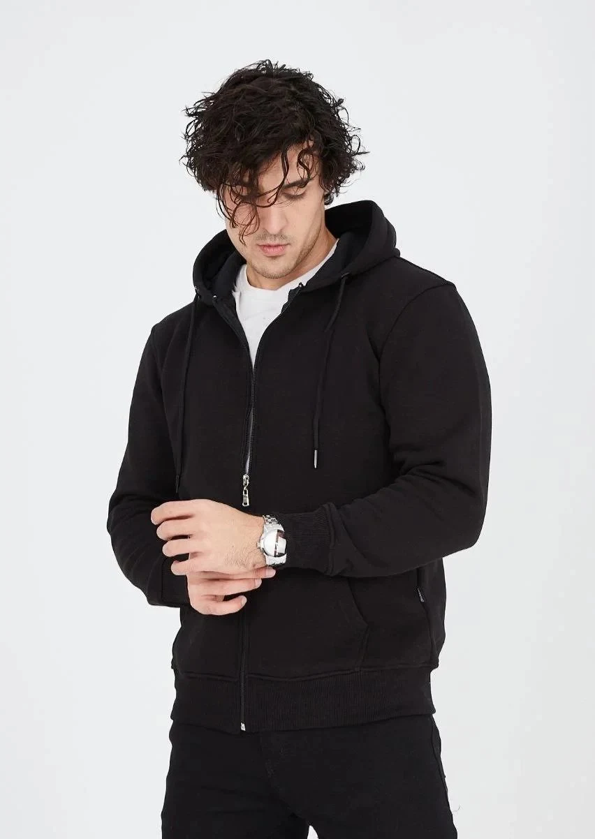 Muški crni 3-nitni pamučni full zip hoodie s džepovima