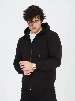 Muški crni 3-nitni pamučni full zip hoodie s džepovima