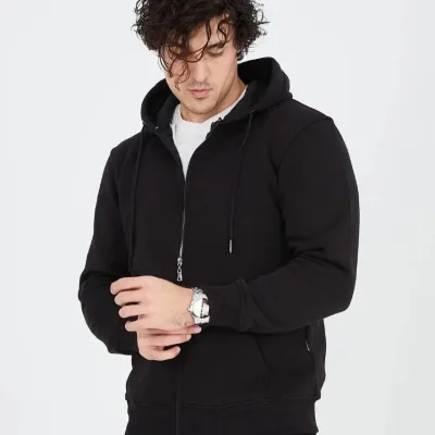 Muški crni 3-nitni pamučni full zip hoodie s džepovima 1