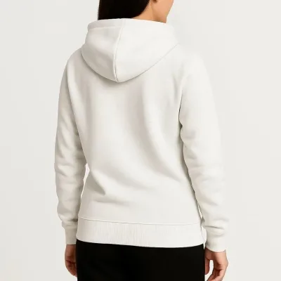 Dámský bílý sweatshirt s kapucí, celoplošným zipem a kapsou klokaní, 3-nitný 6