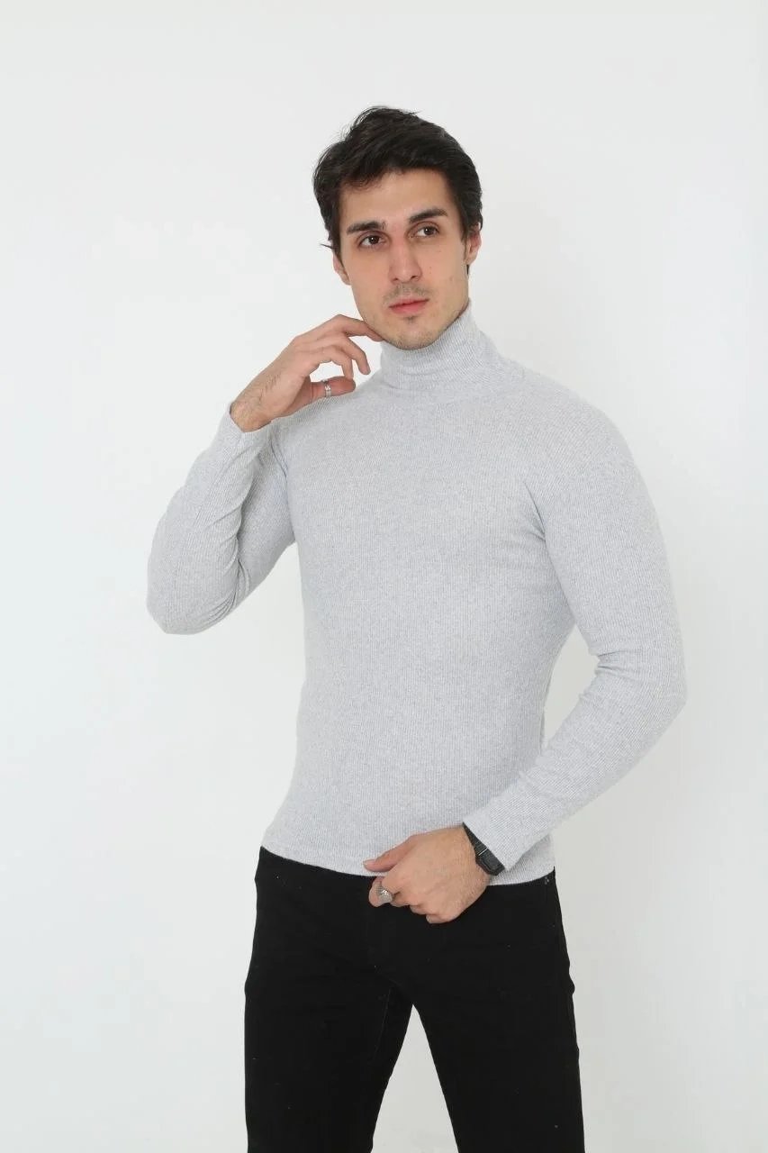 Erkek Gri Slim Fit Likralı Boğazlı Fitilli Body