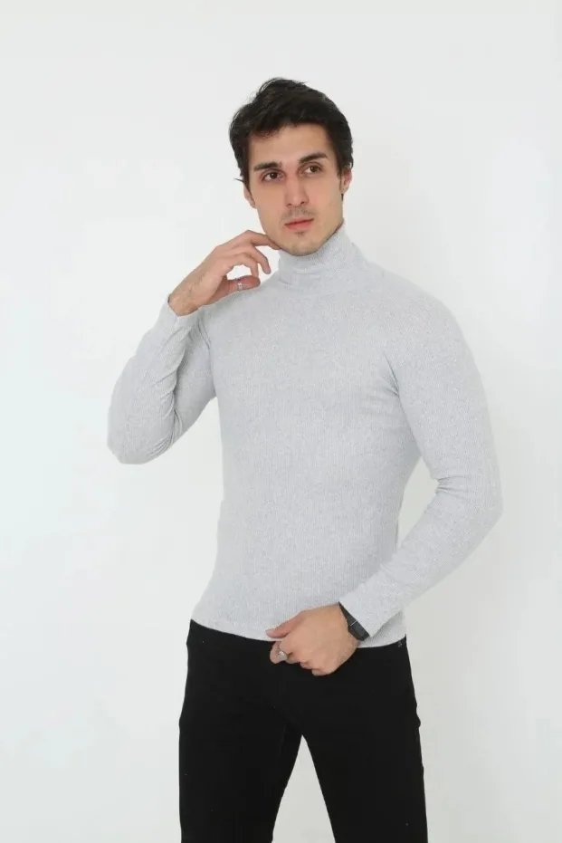 Férfi Szürke Slim Fit Likralı Turtleneck Bordázott Body 1