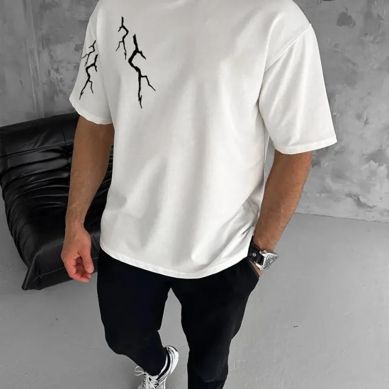 Bărbat Alb Oversize Guler Bicicletă Tricou Imprimat Fulger