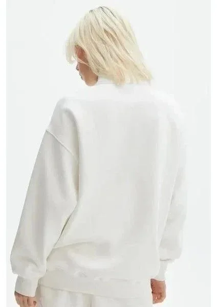 Gratë Bardhë Oversize Gjysmë Zip Pambuk Basic Sweatshirt 2