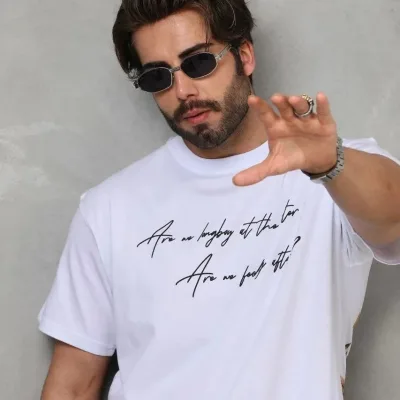 Λευκό Ανδρικό Oversize Ποδήλατο Λαιμό Τυπωμένο T-shirt 4