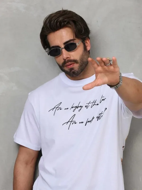 Λευκό Ανδρικό Oversize Ποδήλατο Λαιμό Τυπωμένο T-shirt 4