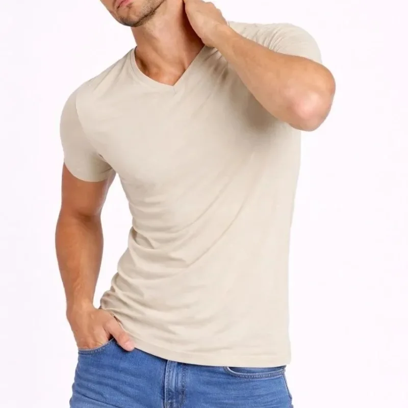 Pánsky kamenný slim fit V-výstrih elastický krátky rukáv tričko