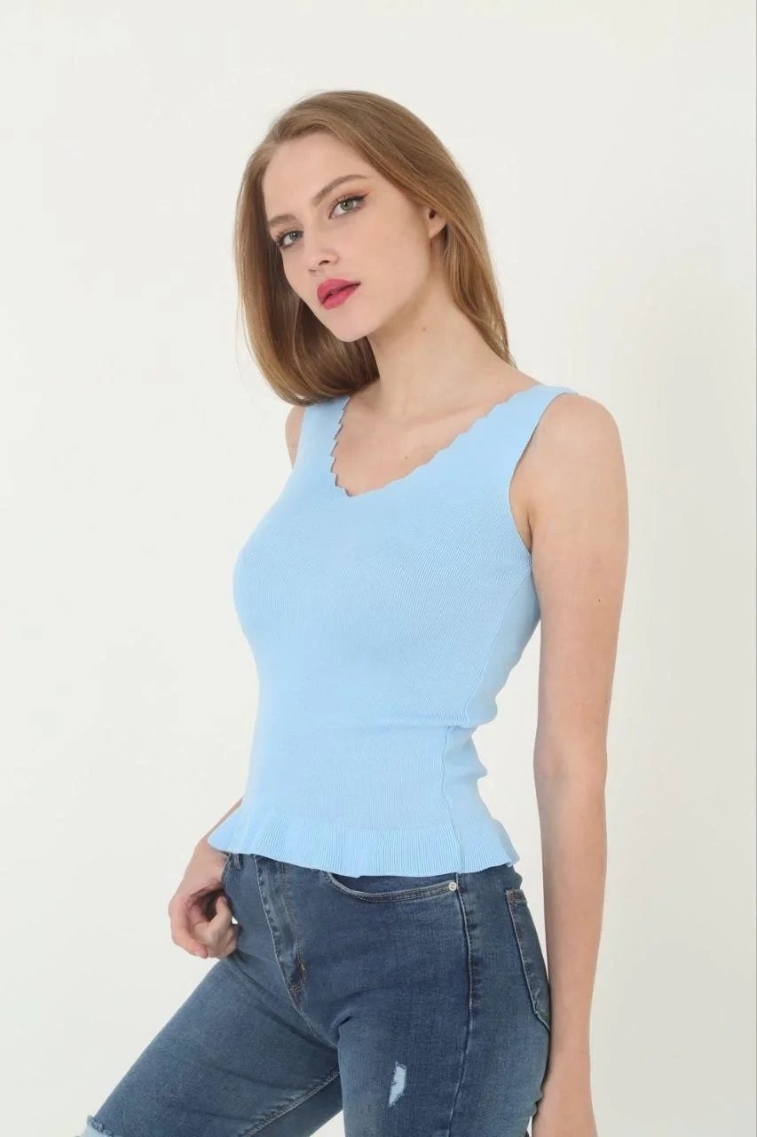 Women's Blue V-Neck Ruffle Detail Cotton Crop Top 2