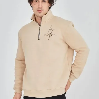 Men's Beige Half-Zip 3-Thread Cotton Printed Sweatshirt 5