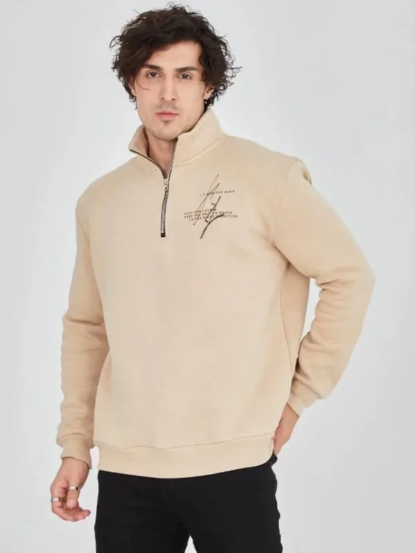 Men's Beige Half-Zip 3-Thread Cotton Printed Sweatshirt 5