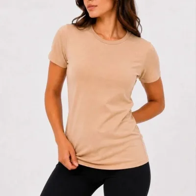 Femeie Bej Slim Guler Bicicleta Basic Maneca Scurta Tricou 2