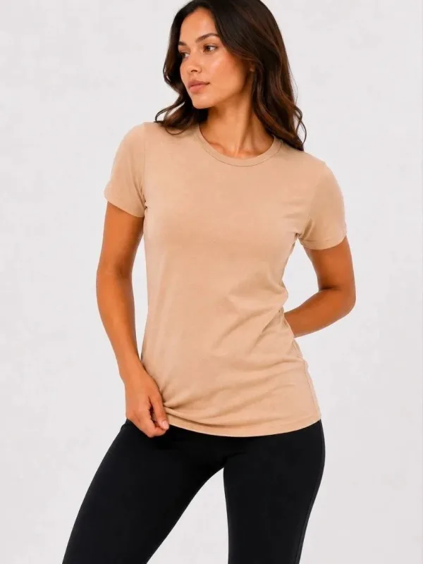 Femeie Bej Slim Guler Bicicleta Basic Maneca Scurta Tricou 2