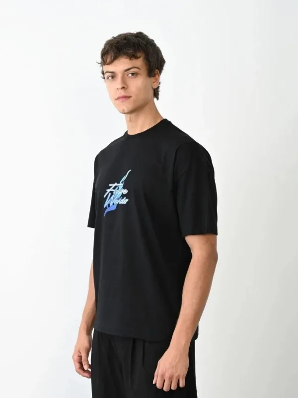 Ανδρικό Μαύρο Oversize Ποδήλατο Λαιμό Εκτύπωση Καλοκαιρινό Μπλουζάκι 3