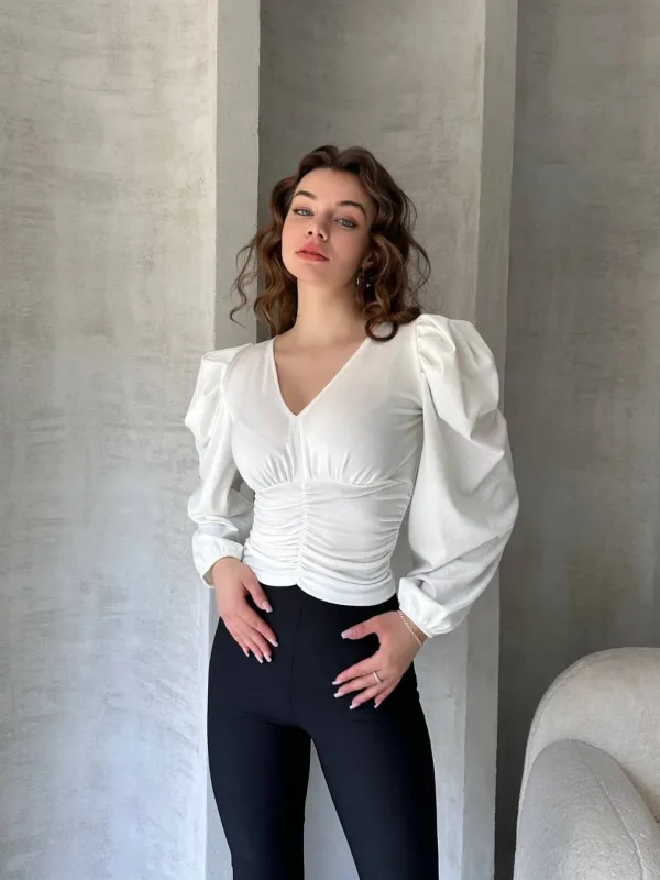 V-Neck Drape Detail Crepe Blouse White 2