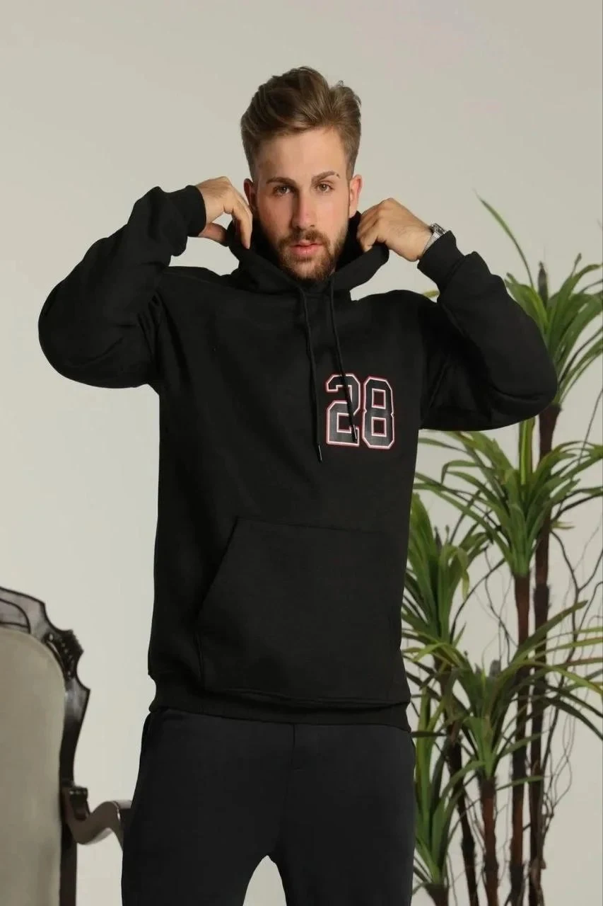 Kişi Qara Oversize 3 İplik Pambıqlı Kapüşonlu Çaplı Cibli Sviter