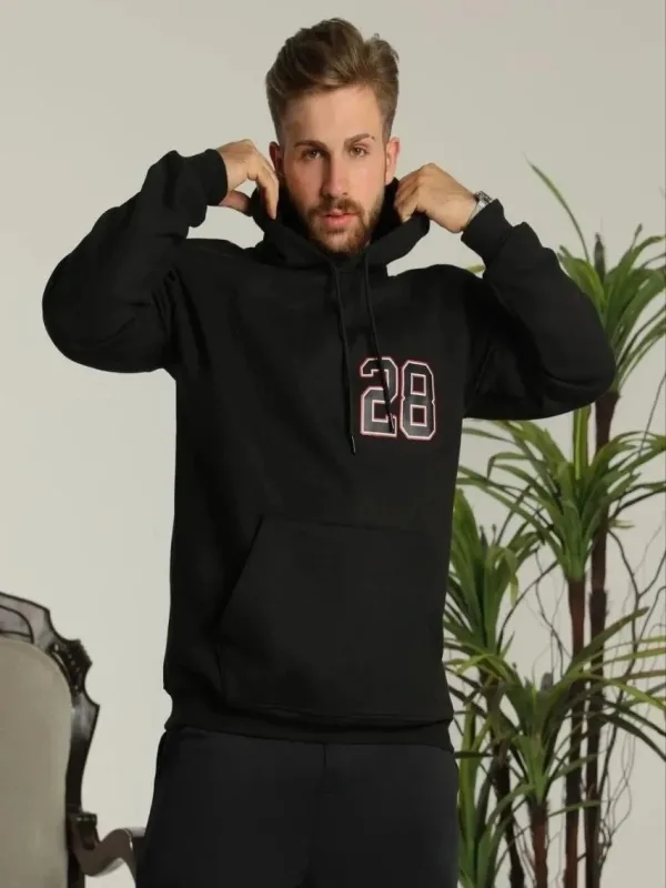 Kişi Qara Oversize 3 İplik Pambıqlı Kapüşonlu Çaplı Cibli Sviter 1