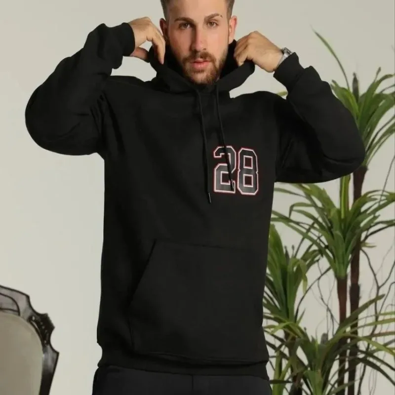 Sweatshirtê Mêran ê Reş ê Oversize ê 3 Têlî Pembo yê Bi Kulp, Çapkirî û Bêrîk