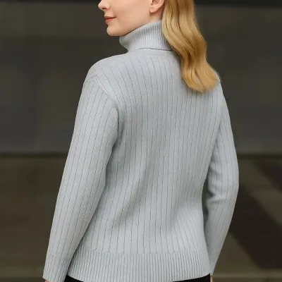 Women's Gray Thick Ribbed Full Turtleneck Knit Sweater 2