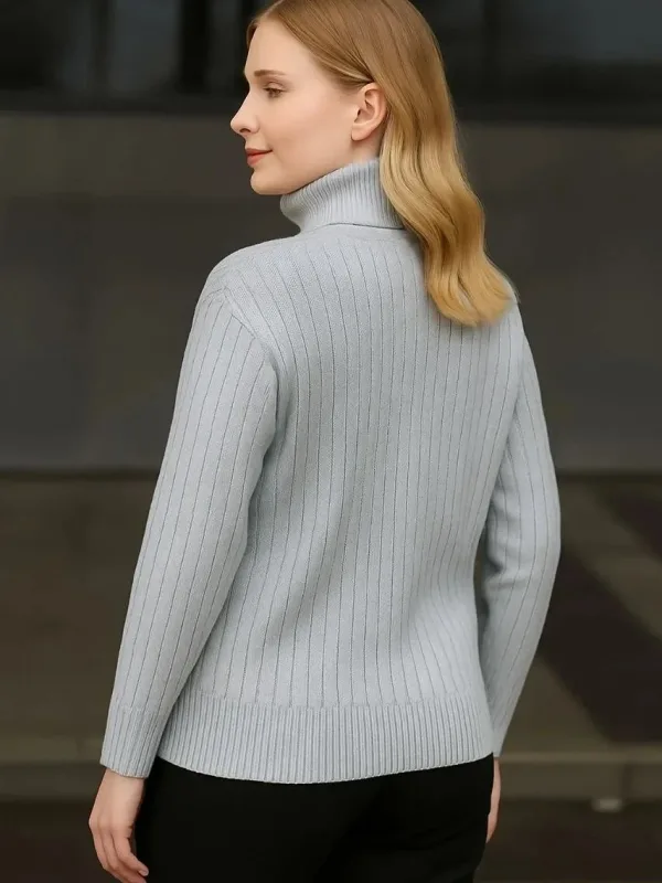 Women's Gray Thick Ribbed Full Turtleneck Knit Sweater 2