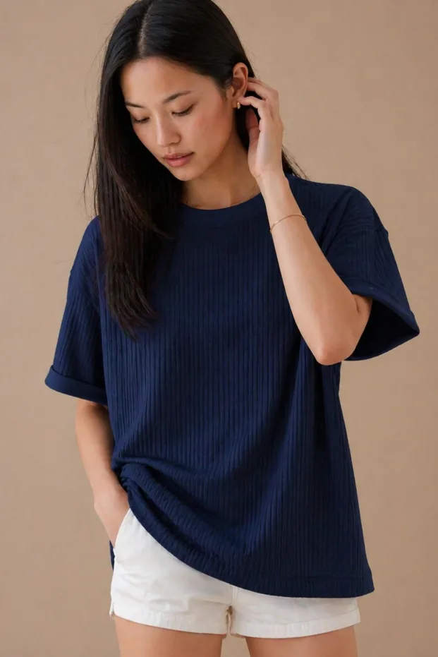 Gratë Blu e Errët Ribana Oversize T-Shirt 100% Pambuk Prerje e Lirshme 2