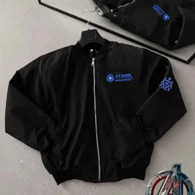 Pánská černá prošívaná bunda bomber se zipem, kapsami 3