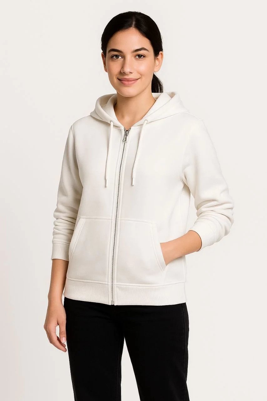 Women's White Full Zip 3-Thread Hooded Kangaroo Pocket Sweatshirt 2