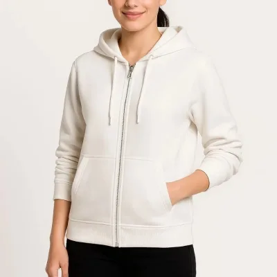 Dámský bílý sweatshirt s kapucí, celoplošným zipem a kapsou klokaní, 3-nitný 2