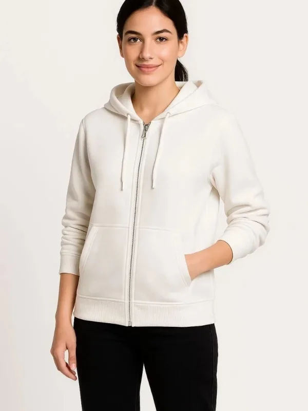 Dámský bílý sweatshirt s kapucí, celoplošným zipem a kapsou klokaní, 3-nitný 2