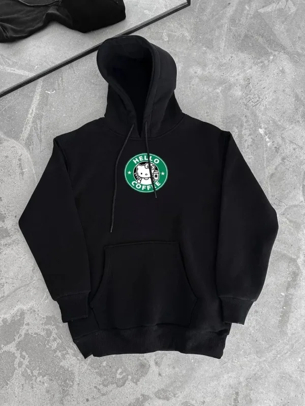Jinê Reş Oversize Hoodî Bikapûşon Çapkirî 3 Têl Pembû Sweatshirt 4